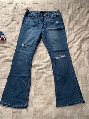 High-Rise Distressed Flare Jeans in Medium Blue